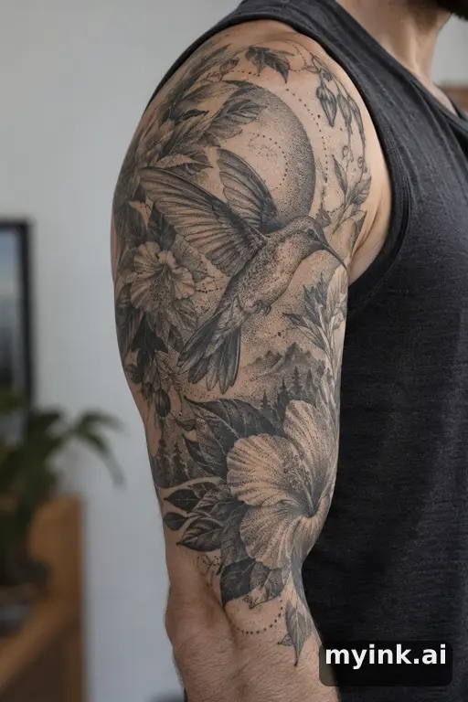 Hummingbird with flowers β Dotwork Half Sleeve Tattoo reference image