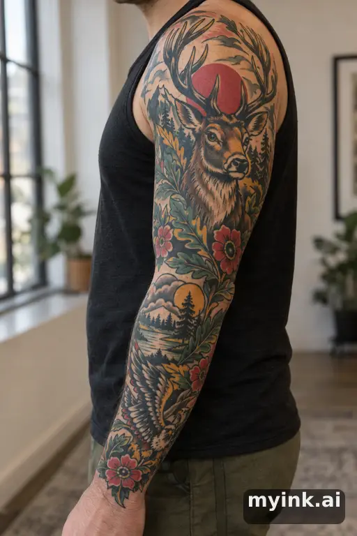 Stag head — Traditional Sleeve Tattoo reference image