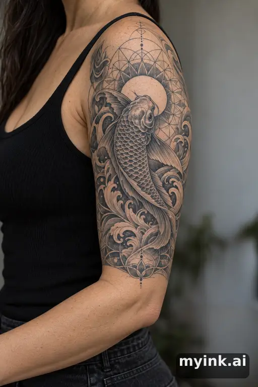 Koi fish in waves β Geometric Half Sleeve Tattoo reference image