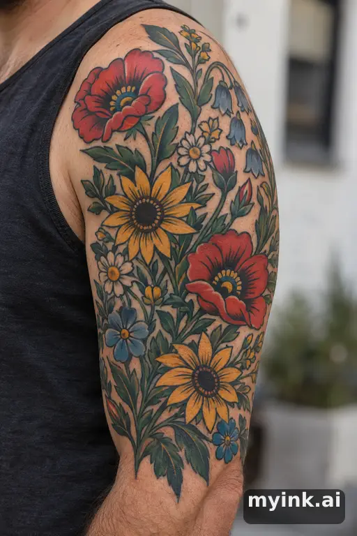 Botanical bouquet of wildflowers β Traditional Half Sleeve Tattoo reference image