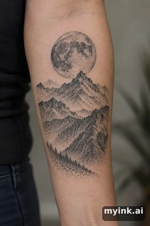 Full moon over mountains — Dotwork Moon Tattoo reference image