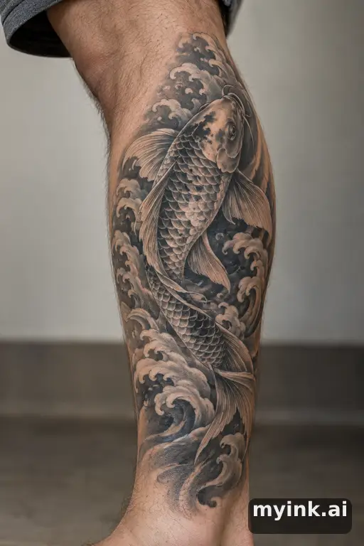 Koi fish in waves β Realistic Leg Tattoo reference image