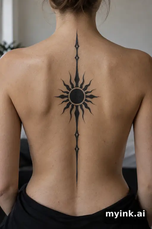 Sun with ornamental rays — Blackwork Spine Tattoo reference image