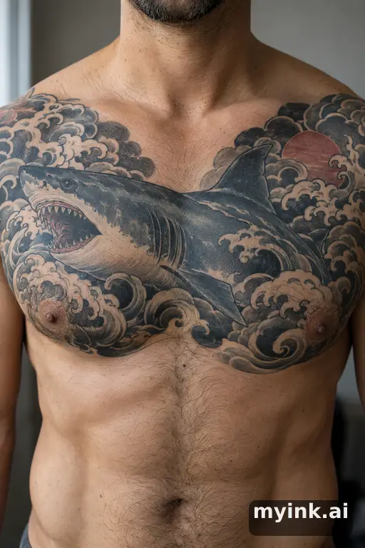 Great white shark — Japanese Chest Tattoo reference image