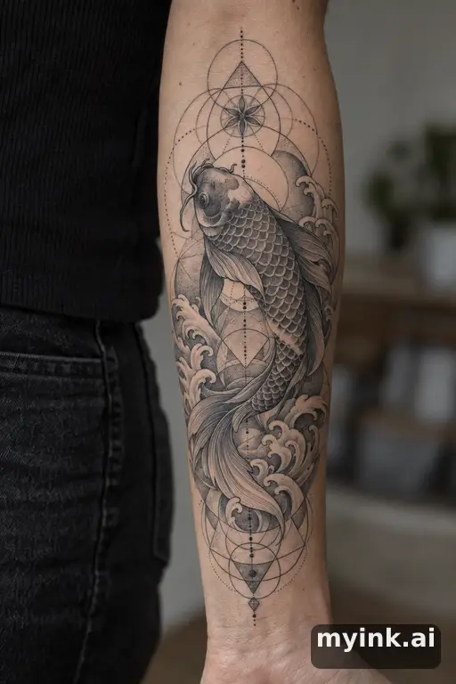 Koi fish in waves — Geometric Forearm Tattoo reference image