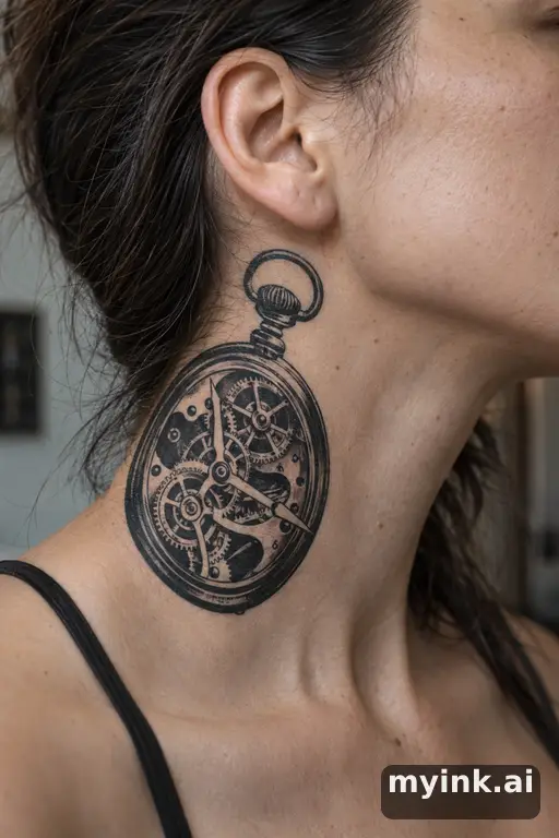 Pocket watch with exposed gears — Blackwork Neck Tattoo reference image