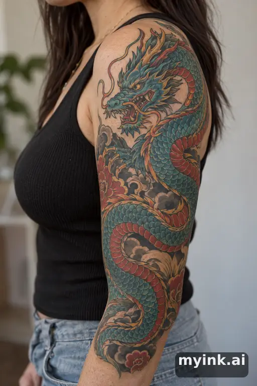 Coiled dragon β Neo-Traditional Half Sleeve Tattoo reference image