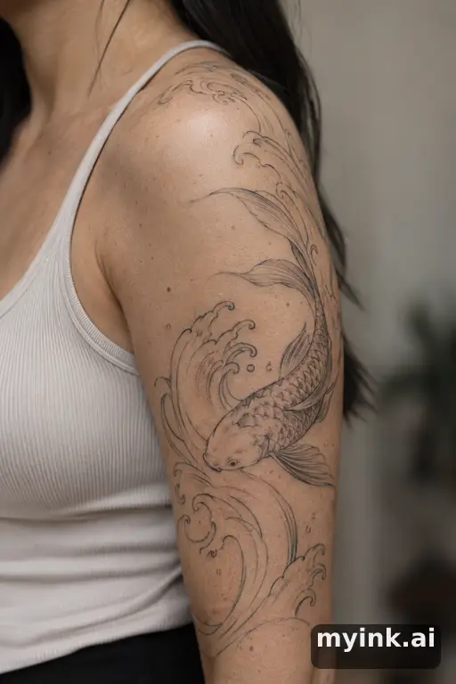 Koi fish in waves — Minimalist Half Sleeve Tattoo reference image