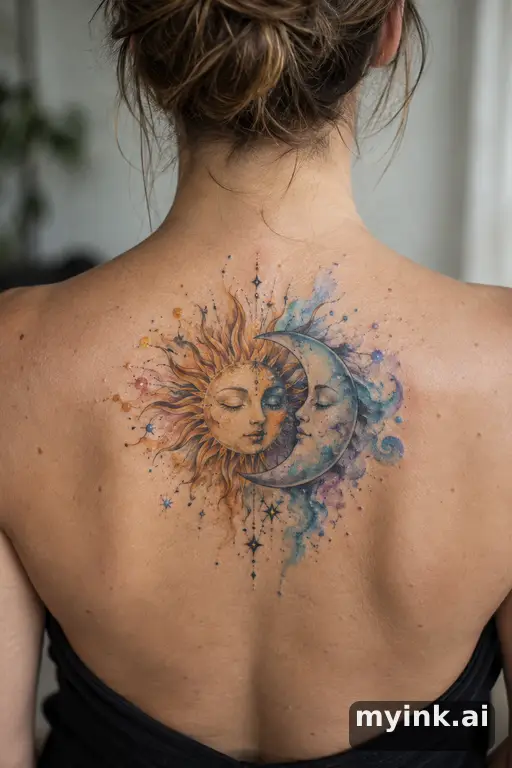 Sun and moon together — Watercolor Sun Tattoo reference image