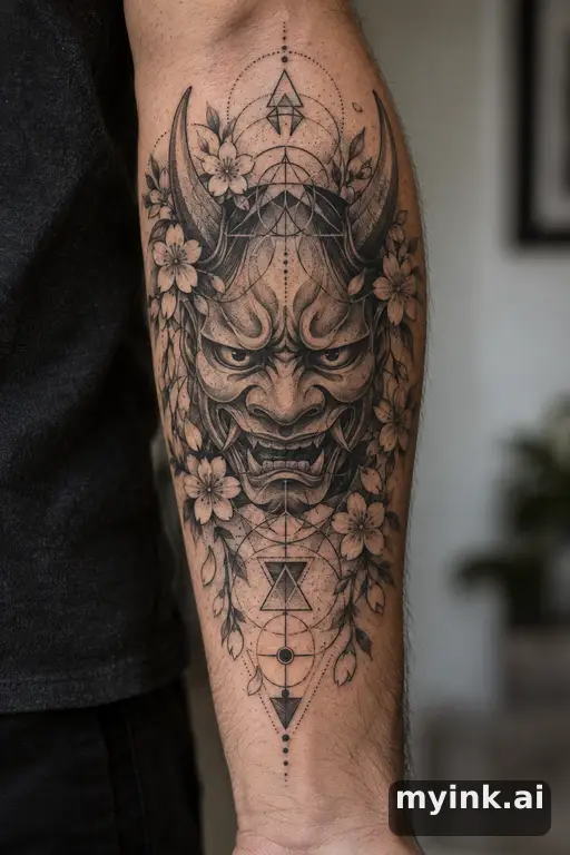 Hannya mask with cherry blossoms — Geometric Forearm Tattoo reference image