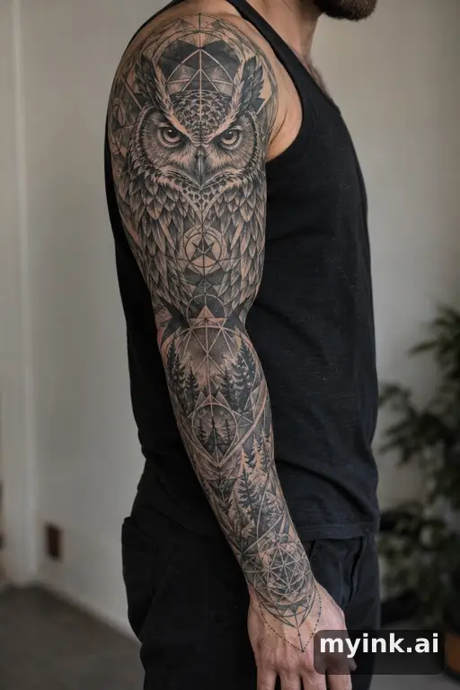 Great horned owl — Geometric Sleeve Tattoo reference image