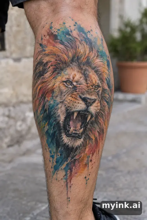 Roaring lion head β Watercolor Leg Tattoo reference image