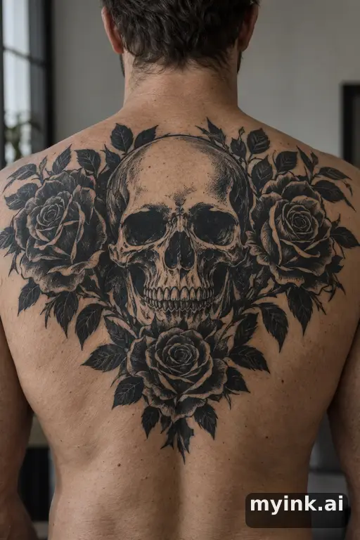 Skull with roses β Blackwork Masculine Tattoo reference image