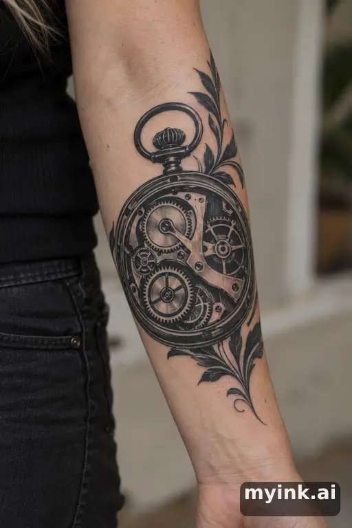 Pocket watch with exposed gears — Blackwork Forearm Tattoo reference image