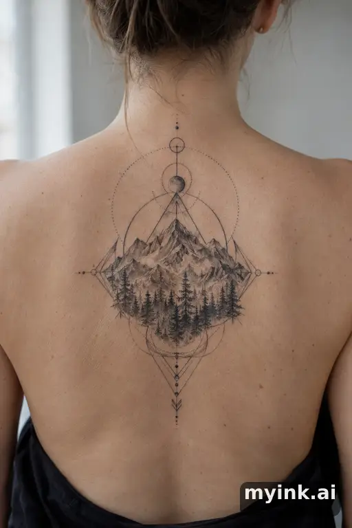 Mountain range with a pine forest β Geometric Back Tattoo reference image