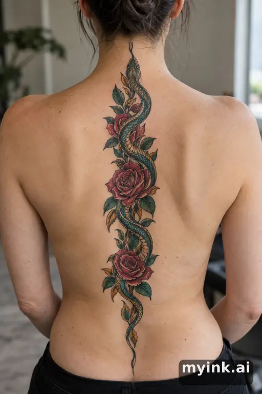 Snake winding through roses — Neo-Traditional Spine Tattoo reference image