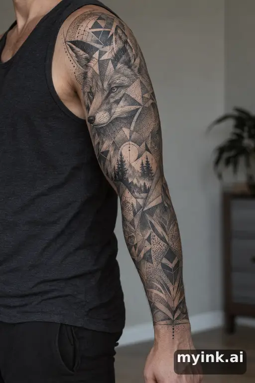 Geometric fox — Dotwork Sleeve Tattoo reference image