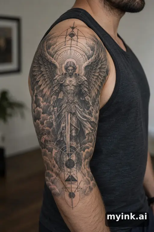 Warrior angel with spread wings — Geometric Half Sleeve Tattoo reference image