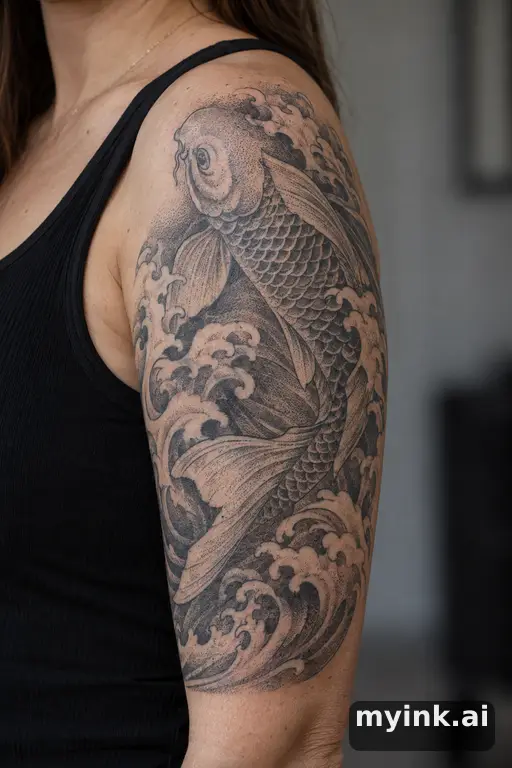 Koi fish in waves — Dotwork Half Sleeve Tattoo reference image