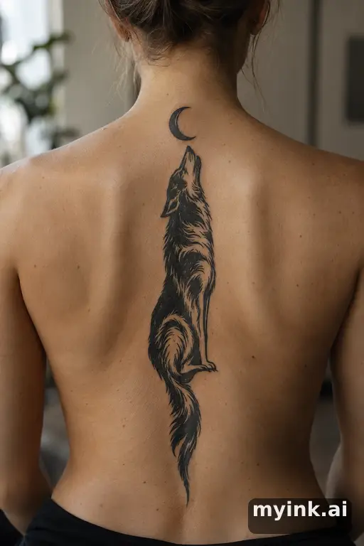 Wolf howling at the moon — Blackwork Spine Tattoo reference image