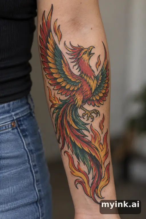 Phoenix rising — Traditional Forearm Tattoo reference image