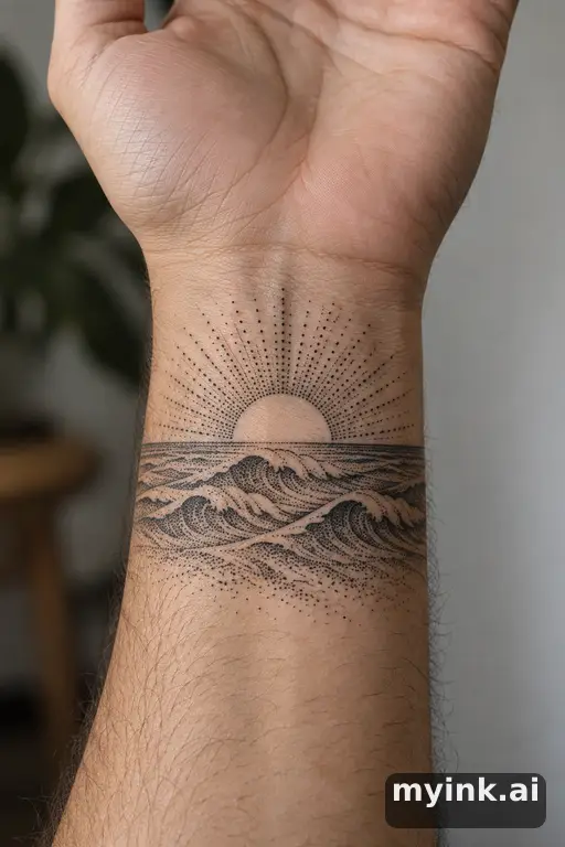 Rising sun over waves — Dotwork Sun Tattoo reference image