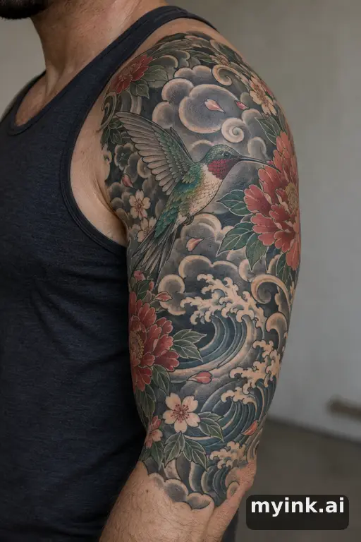Hummingbird with flowers β Japanese Half Sleeve Tattoo reference image