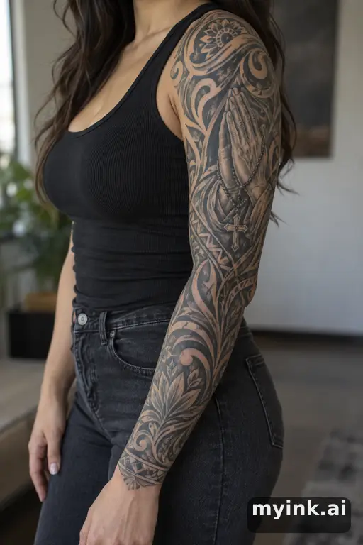 Praying hands holding a rosary cross — Tribal Sleeve Tattoo reference image