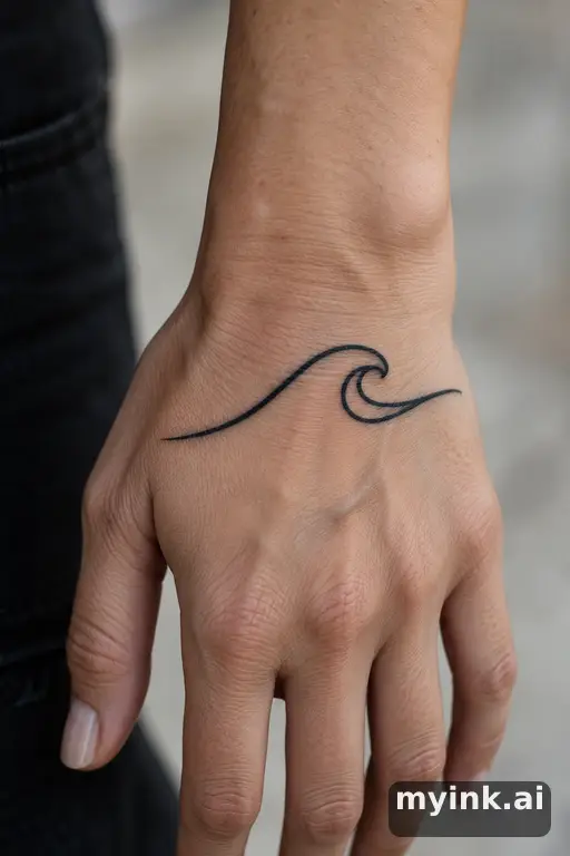 Single-line ocean wave — Blackwork Hand Tattoo reference image