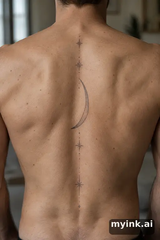 Crescent moon with stars — Fine Line Spine Tattoo reference image