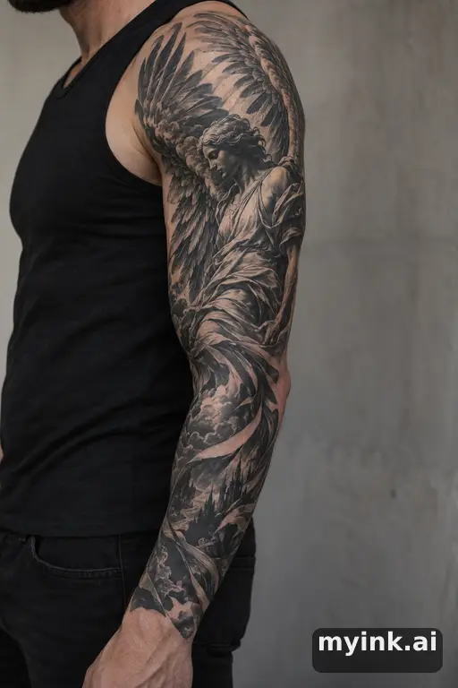 Angel with wings — Blackwork Sleeve Tattoo reference image