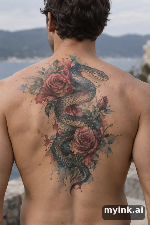 Snake winding through roses — Watercolor Masculine Tattoo reference image