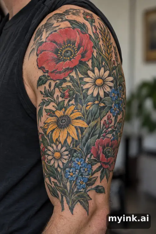 Botanical bouquet of wildflowers β Traditional Half Sleeve Tattoo reference image
