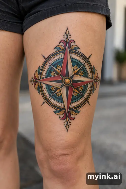 Compass rose β Neo-Traditional Thigh Tattoo reference image