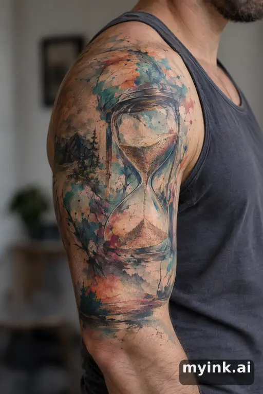 Hourglass with sand running β Watercolor Half Sleeve Tattoo reference image