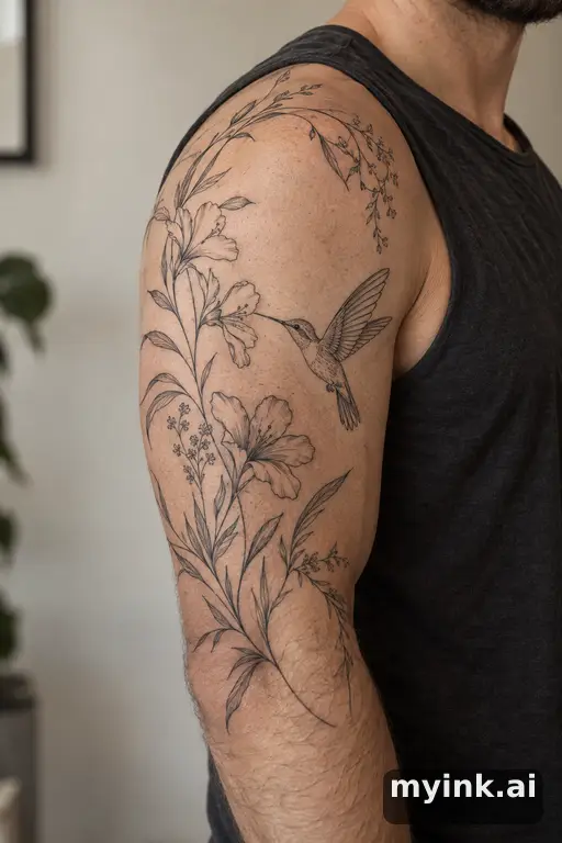 Hummingbird with flowers β Minimalist Half Sleeve Tattoo reference image