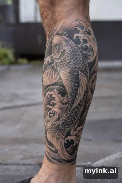 Koi fish in waves β Realistic Leg Tattoo reference image