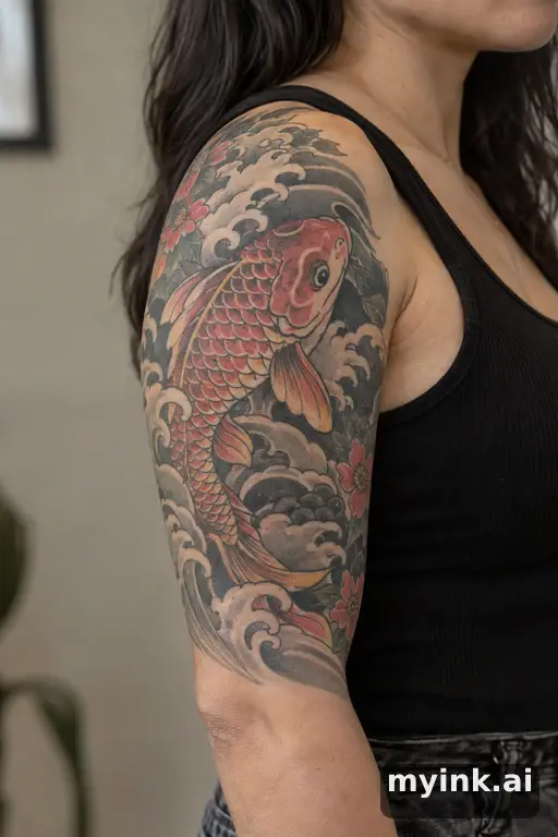 Koi fish in waves β Japanese Half Sleeve Tattoo reference image