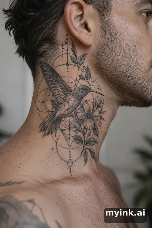 Hummingbird with flowers — Geometric Masculine Tattoo reference image