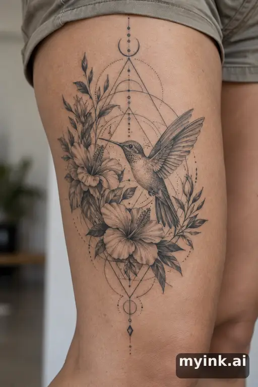 Hummingbird with flowers β Geometric Tattoo for Women reference image