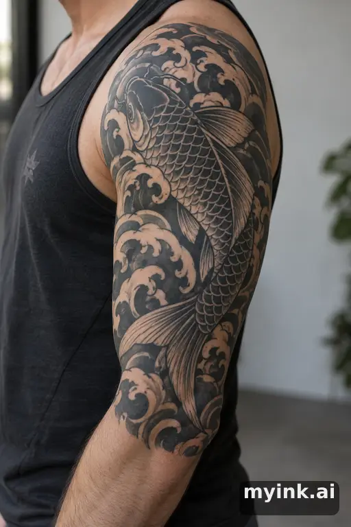 Koi fish swimming through waves — Blackwork Half Sleeve Tattoo reference image
