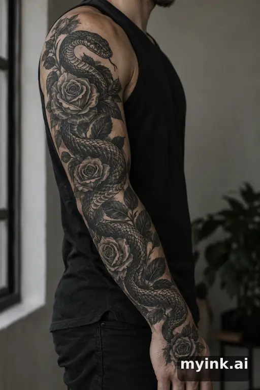 Snake winding through roses — Blackwork Sleeve Tattoo reference image