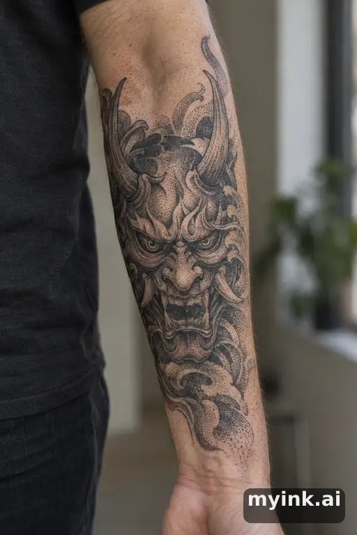 Oni demon mask — Dotwork Forearm Tattoo reference image