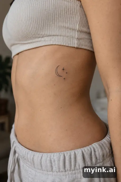 Crescent moon with stars — Minimalist Rib Tattoo reference image