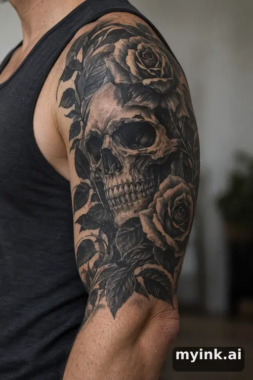 Skull with roses — Blackwork Half Sleeve Tattoo reference image