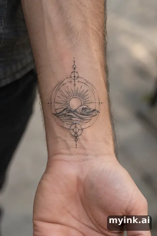 Rising sun over waves — Geometric Sun Tattoo reference image