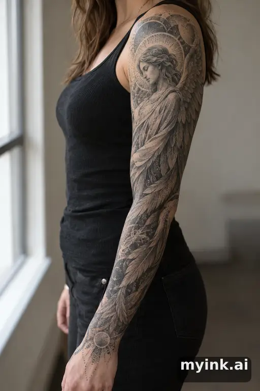 Angel with wings — Dotwork Sleeve Tattoo reference image