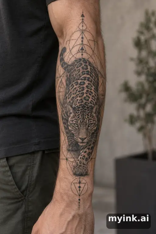 Jaguar stalking — Geometric Forearm Tattoo reference image