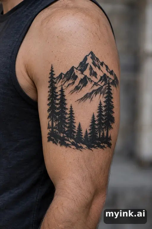 Mountain range with a family of pines — Blackwork Family Tattoo reference image