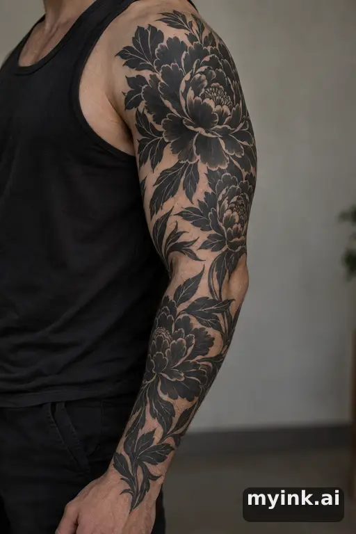 Blooming peony — Blackwork Sleeve Tattoo reference image